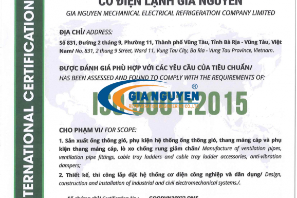 Gia Nguyễn HVAC Contractor - hoàn thành chứng nhận ISO 9001:2015